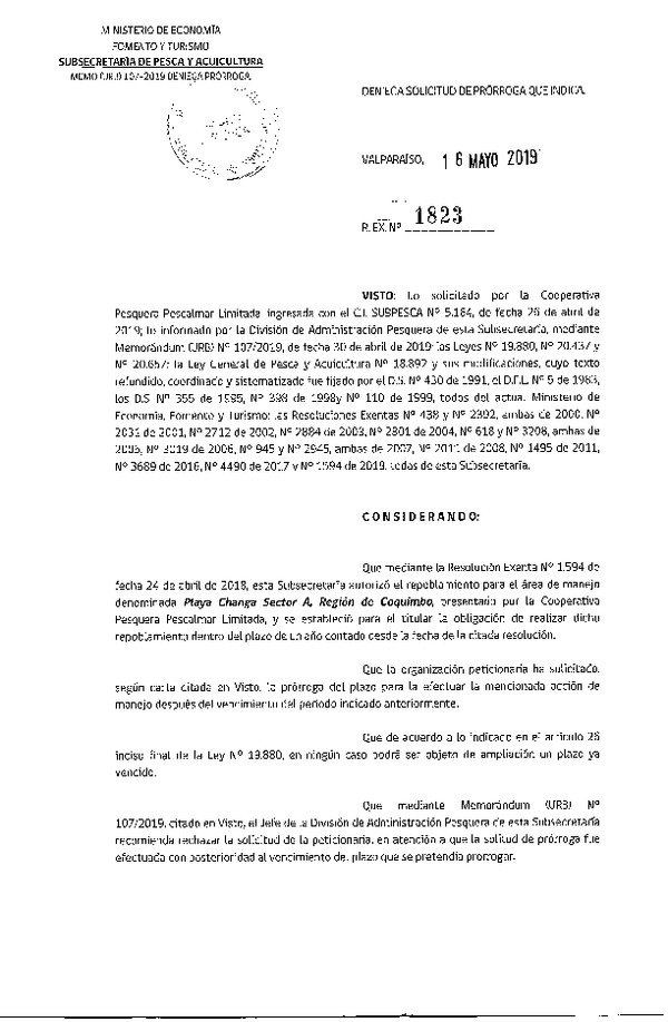 Res. Ex. N° 1823-2019 Deniega solicitud de prórroga.
