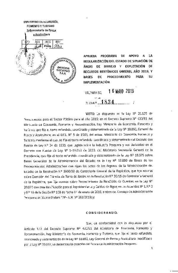 Res. Ex. N° 1834-2019 Aprueba programa de apoyo a la regularización del estado de situación de Areas de manejo y explotación de recursos bentónicos (AMERB), año 2019, y bases de procedimiento para su implementación. (Publicado en Página Web 17-05-2019)