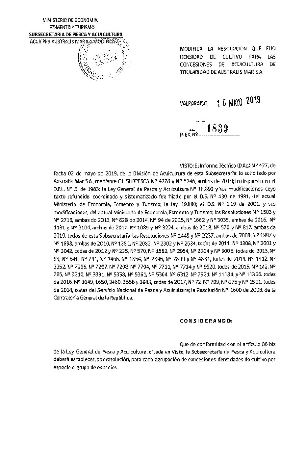 Res. Ex. N° 1839-2019 Modifica Res. Ex. N° 570-2019 Fija Densidad de Cultivo para las Concesiones de Acuicultura Australis Mar S.A.(Con Informe Técnico) (Publicado en Página Web 17-05-2019)