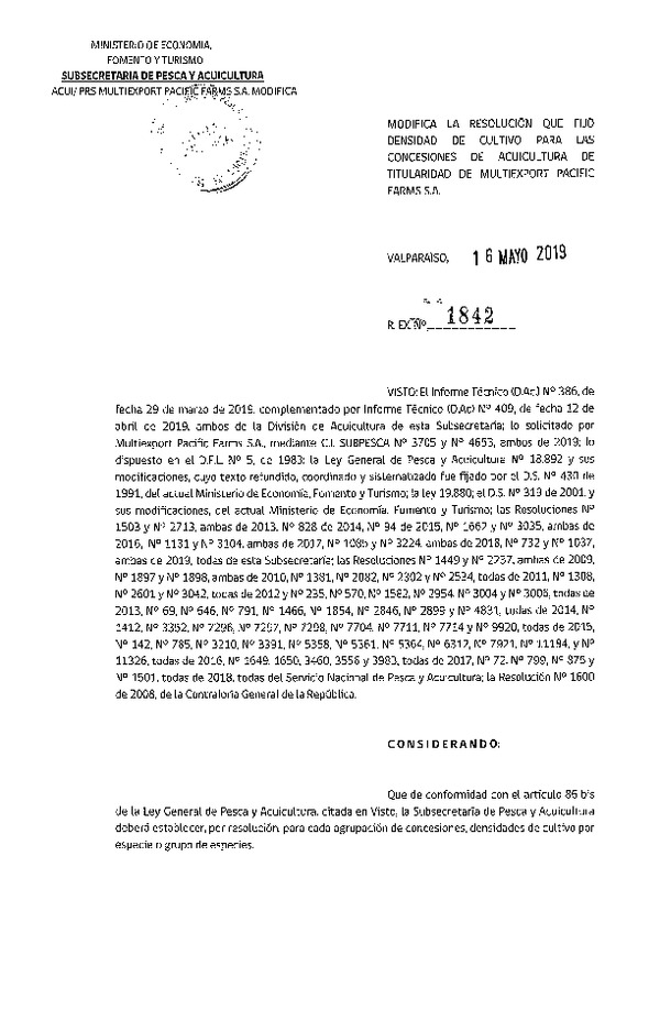 Res. Ex. N° 1842-2019 Modifica Res. Ex. N° 732-2019 Fija Densidad de Cultivo para las Concesiones de Titularidad de Multiexport Pacific Farms S.A. (Con Informe Técnico) (Publicado en Página Web 17-05-2019)