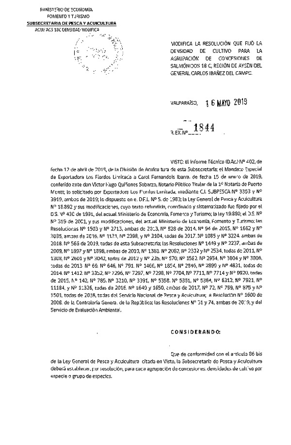 Res. Ex. N° 1844-2019 Modifica Res. Ex. N° 566-2019 Fija Densidad de Cultivo para la Agrupación de Concesiones de Salmónidos 18C Región de Aysén, (Con Informe Técnico) (Publicado en Página Web 17-05-2019) (F.D.O. 27-05-2019)