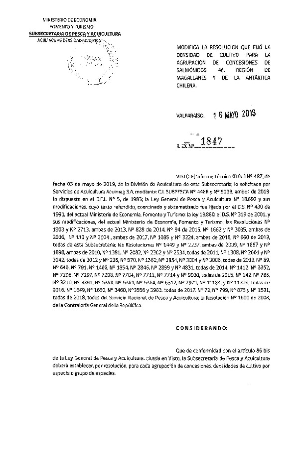 Res. Ex. N° 1847-2019 Modifica Res. Ex. N° 660-2019 Fija Densidad de Cultivo para la Agrupación de Concesiones de Salmónidos 46, Región de Magallanes y de la Antártica Chilena. (Con Informe Técnico) (Publicado en Página Web 17-05-2019) (F.D.O. 27-05-2019)