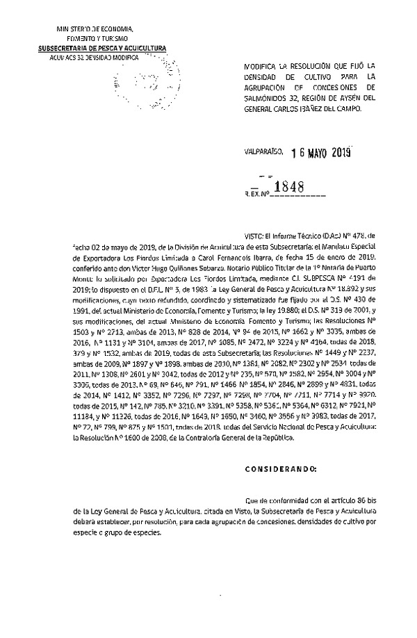 Res. Ex. N° 1848-2019 Modifica Res. Ex. N° 2472-2018 Fija Densidad de Cultivo para la Agrupación de Concesiones de Salmónidos 32 Región de Aysén (Con Informe Técnico) (Publicado en Página Web 17-05-2019) (F.D.O. 27-05-2019)