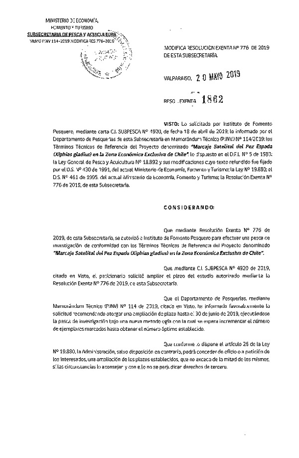 Res. Ex. N° 1862-2019 Modifica Res. Ex. N° 776-2019 Marcaje satelital del pez espada.