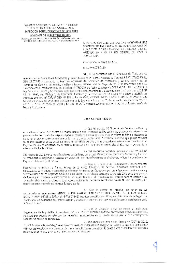 Res. Ex. N° 78-2019 (DZP VIII) Autoriza cesión Anchoveta y sardina común Regiones de Ñuble y del Biobío.