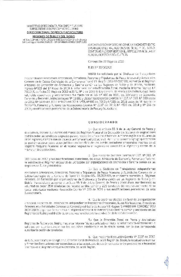 Res. Ex. N° 79-2019 (DZP VIII) Autoriza cesión Anchoveta y sardina común Regiones de Ñuble y del Biobío.