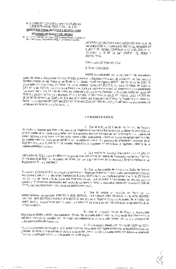 Res. Ex. N° 80-2019 (DZP VIII) Autoriza cesión Anchoveta y sardina común Regiones de Ñuble y del Biobío.