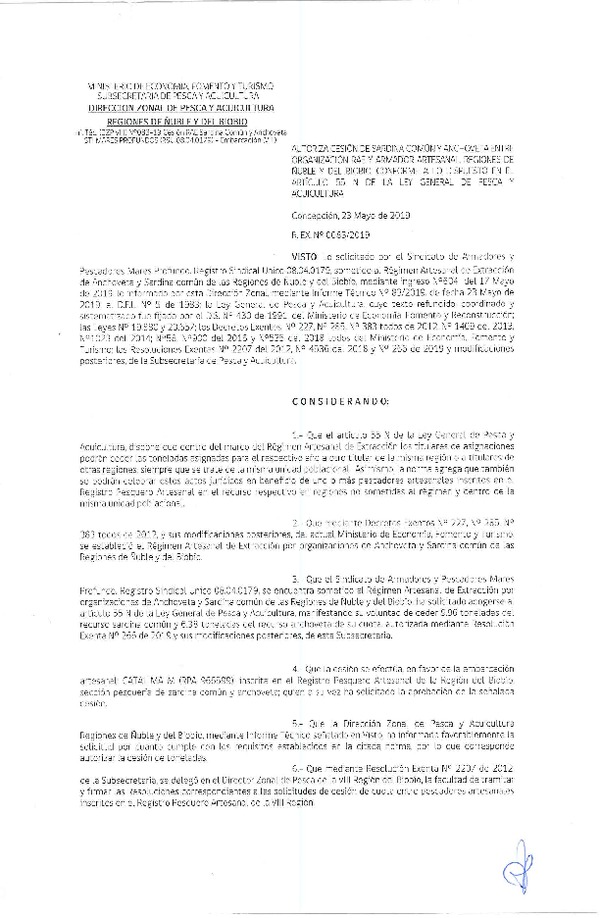 Res. Ex. N° 83-2019 (DZP VIII) Autoriza cesión Anchoveta y sardina común Regiones de Ñuble y del Biobío.