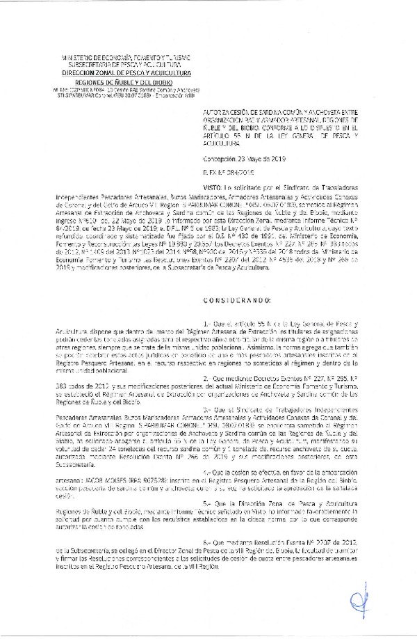 Res. Ex. N° 84-2019 (DZP VIII) Autoriza cesión Anchoveta y sardina común Regiones de Ñuble y del Biobío.