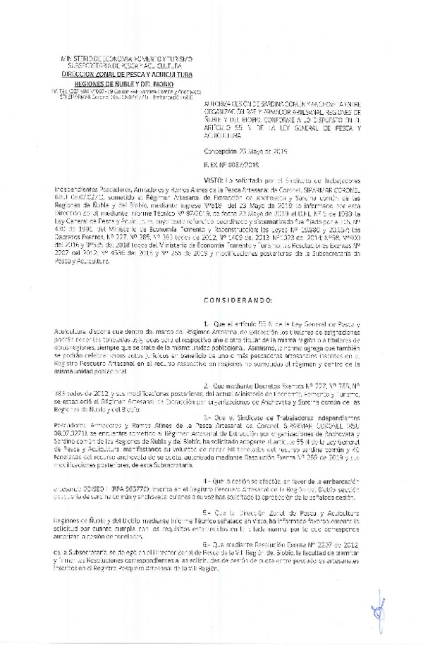 Res. Ex. N° 87-2019 (DZP VIII) Autoriza cesión Anchoveta y sardina común Regiones de Ñuble y del Biobío.