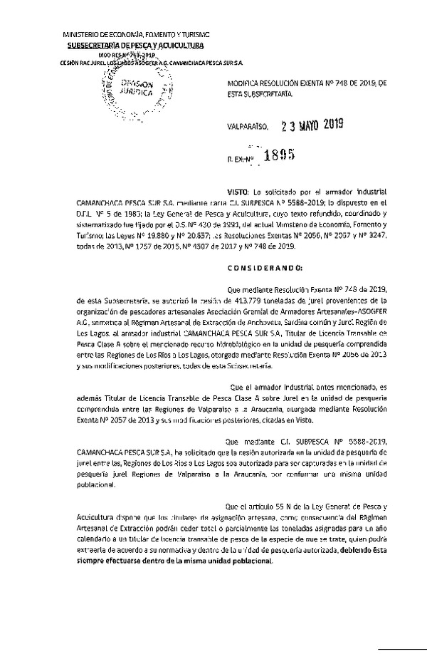 Res. Ex. N° 1895-2019 Modifica Res. Ex. N° 748-2019 Autoriza cesión de jurel, Región de Los Lagos.