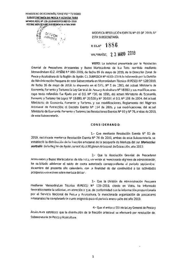 Res. Ex. N° 1886-2019 Modifica Res. Ex. N° 3-2019 Distribución de la Fracción Artesanal de Pesquería de Merluza del Sur por Organización, Región de Aysén, año 2019. (Publicado en Página Web 27-05-2019)