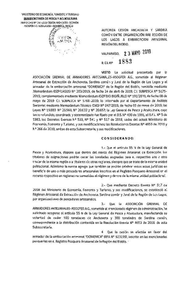 Res. Ex. N° 1883-2019 Autoriza cesión Anchoveta y sardina común Región de Los Ríos a región del Biobío..