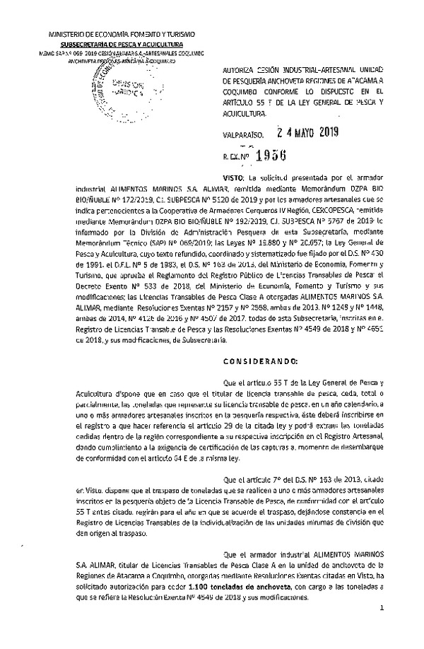 Res. Ex. N° 1956-2019 Autoriza cesión pesquería Anchoveta, Regiones de Atacama a Coquimbo.