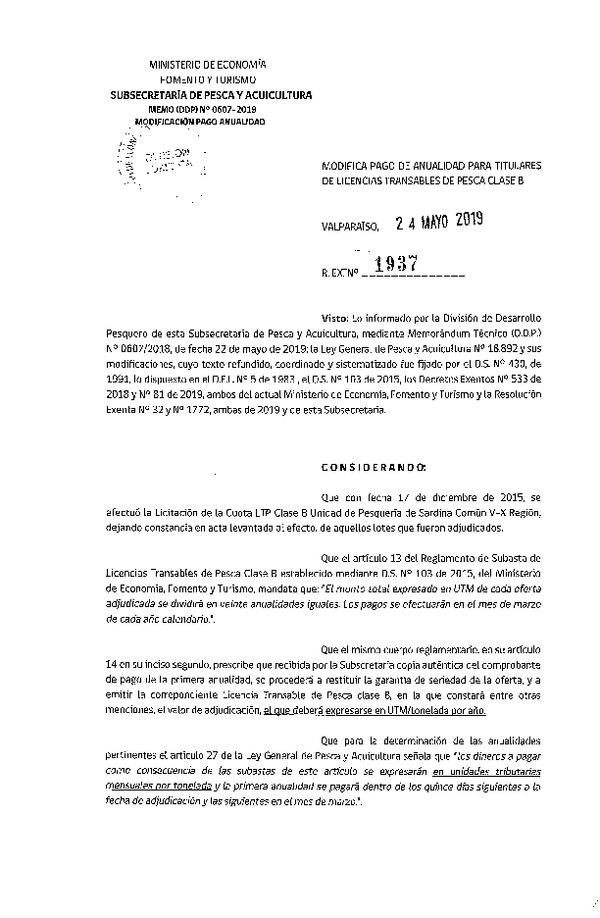 Res. Ex. N° 1937-2019 Modifica Pago de Anualidad para Titulares de Licencias Transables de Pesca Clase B. (Publicado en Página Web 27-05-2019) (F.D.O. 05-06-2019)