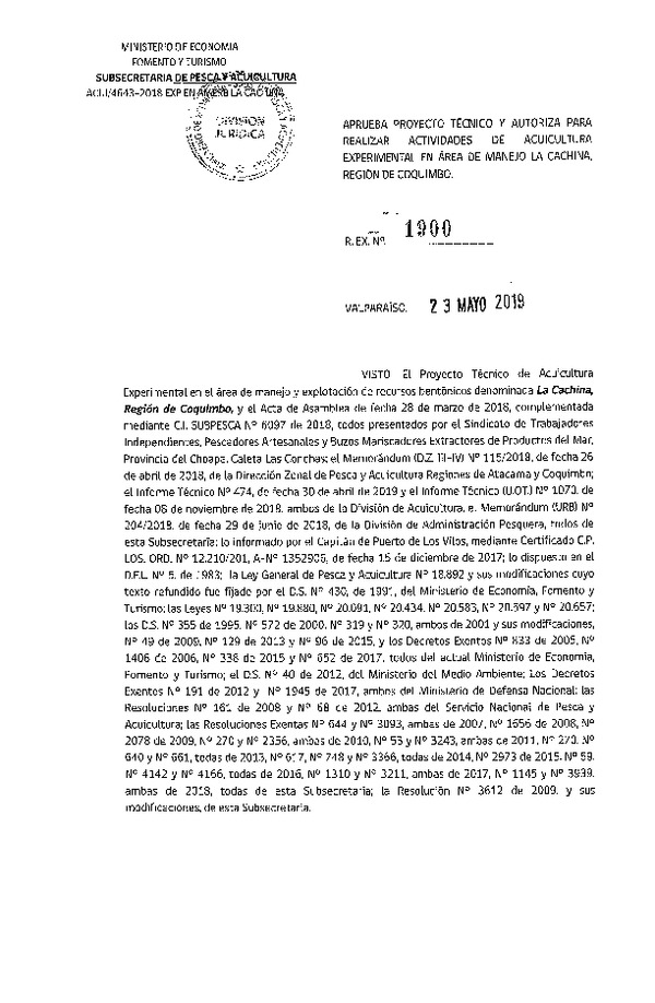 Res. Ex. N° 1900-2019 Aprueba proyecto técnico y autoriza para realizar actividades de acuicultura en área de manejo La Cachina, Región de Coquimbo. (Publicado en Página Web 27-05-2019)