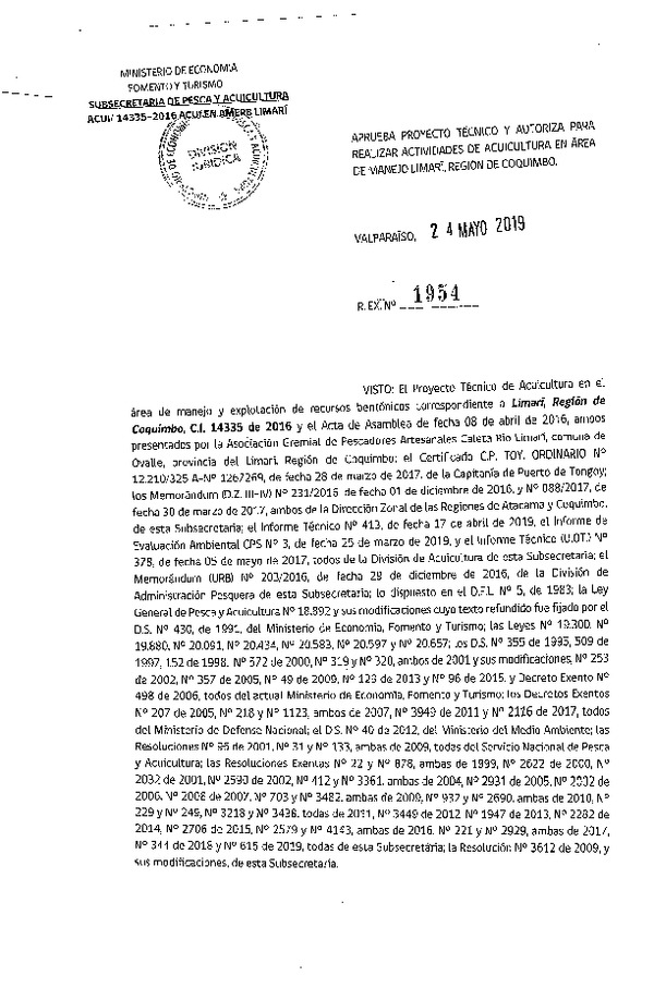 Res. Ex. N° 1954-2019 Aprueba proyecto técnico y autoriza para realizar actividades de acuicultura en área de manejo Limarí, Región de Coquimbo. (Publicado en Página Web 27-05-2019)