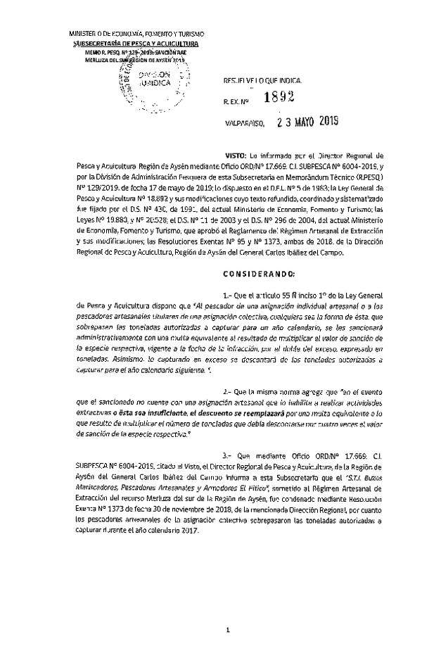 Res. Ex. N° 1892-2019 Sanción RAE Merluza del sur, Región de Aysén. (Publicado en Página Web 27-05-2019)