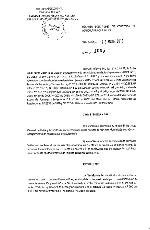 Res. Ex. N° 1905-2019 Rechaza solicitudes de concesión de acuicultura que indica.