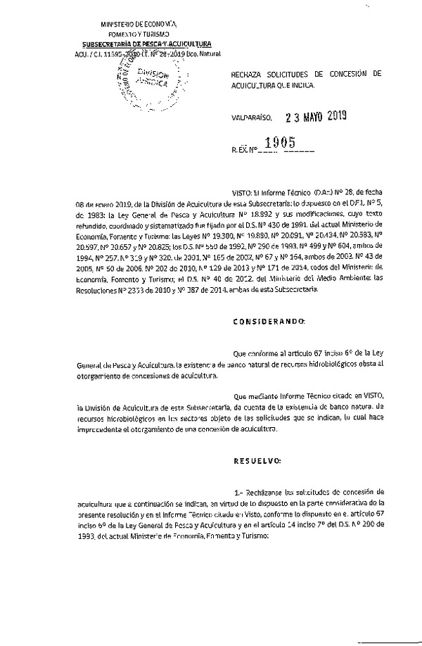 Res. Ex. N° 1905-2019 Rechaza solicitudes de concesión de acuicultura que indica.