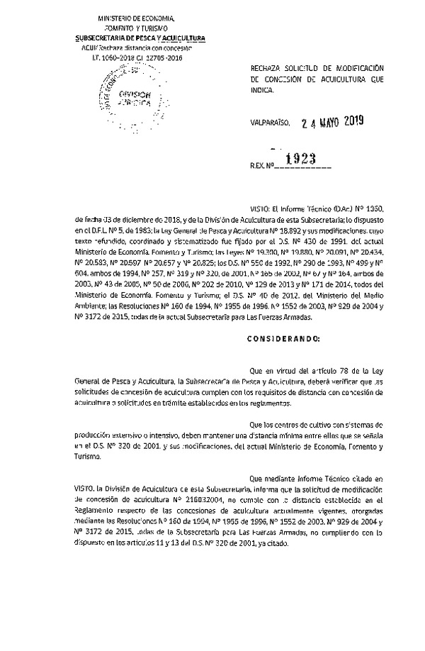Res. Ex. N° 1923-2019 Rechaza solicitud de modificación de concesión de acuicultura que indica.