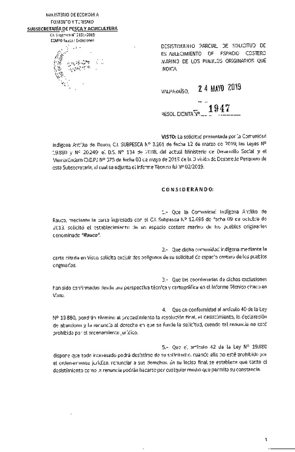 Res. Ex. N° 1947-2019 Desistimiento parcial de solicitud de establecimiento ECMPO Rauco. (Publicado en Página Web 27-05-2019)
