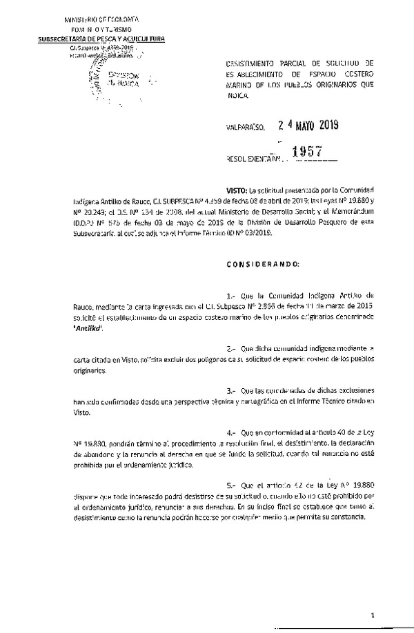 Res. Ex. N° 1957-2019 Desistimiento parcial de solicitud de establecimiento ECMPO Antilko. (Publicado en Página Web 27-05-2019)