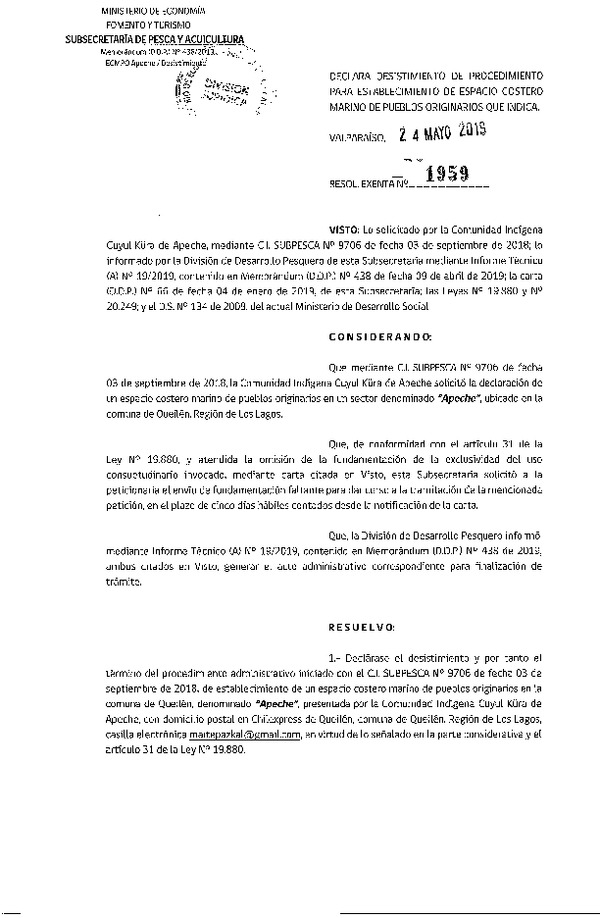 Res. Ex. N° 1959-2019 Declara desistimiento parcial de procedimiento para el establecimiento ECMPO Apache. (Publicado en Página Web 27-05-2019)
