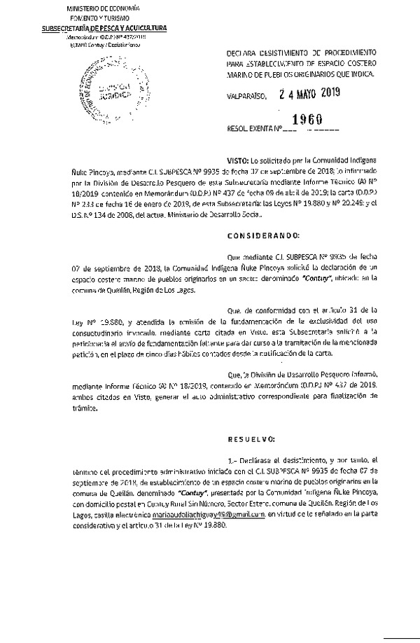 Res. Ex. N° 1960-2019 Declara desistimiento parcial de procedimiento para el establecimiento ECMPO Contuy. (Publicado en Página Web 27-05-2019)