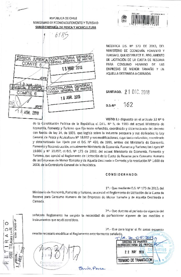 D.S. N° 162-2018 Modifica D.S. Nº 173-2013 Establece Reglamento de Licitación de la Cuota de reserva para Consumo Humano de las Empresas de Menor Tamaño y de Aquella Destinada a Carnada. (Publicado en Página Web 28-05-2019) (F.D.O. 28-05-2019)