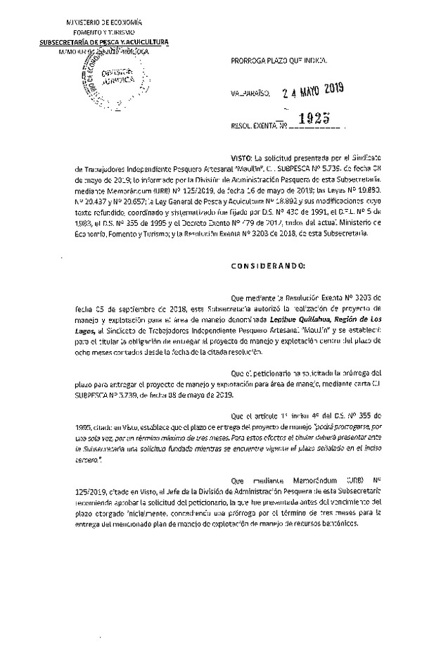 Res. Ex. N° 1925-2019 Prorroga Plan de manejo.