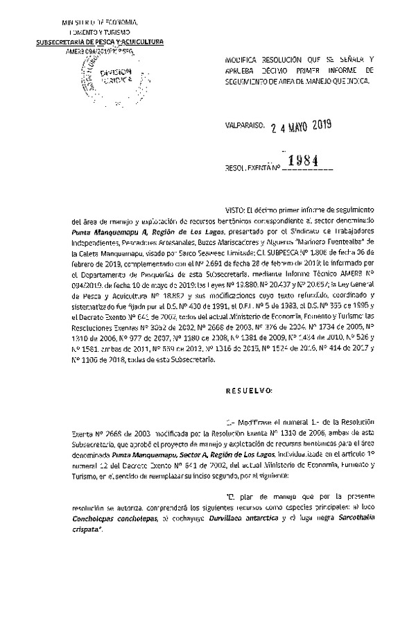 Res. Ex. N° 1984-2019 11° Seguimiento.