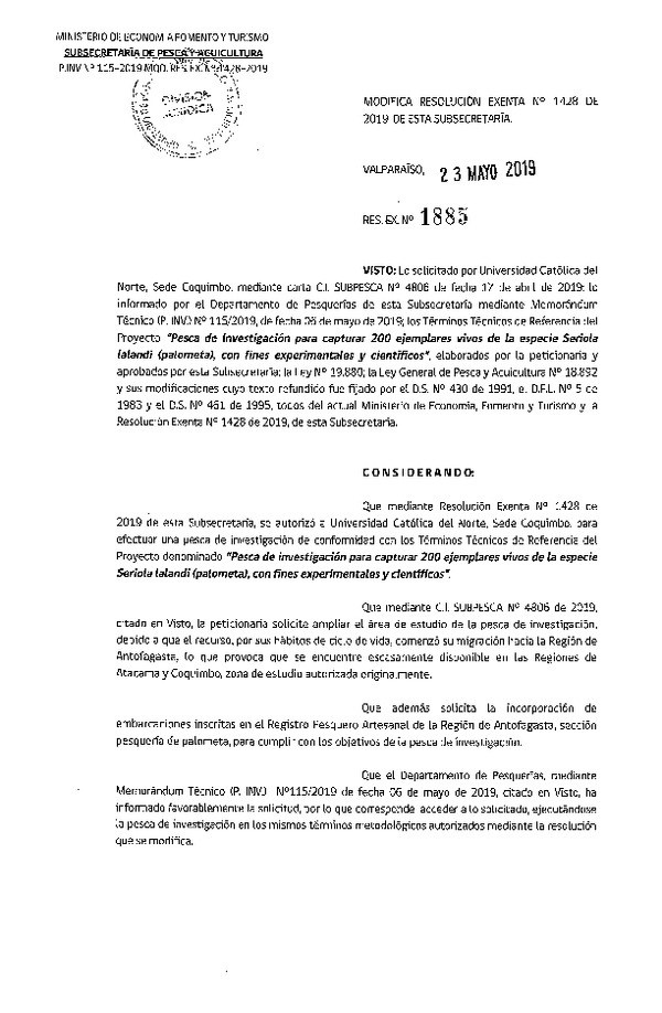 Res. Ex. N° 1885-2019 Modifica Res. Ex. N° 1428-2019 Pesca de investigación para capturar 200 ejemplares vivo de palometa con fines experimentales y científicos.