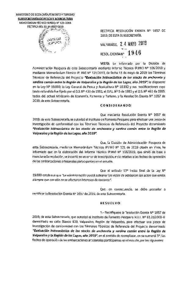 Res. Ex. N° 1946-2019 Rectifica Res. Ex. N° 1657-2019 Evaluación hidroacústica de los stocks de anchoveta y sardina común entre la Región de Valparaíso y de Los Lagos, año 2019.