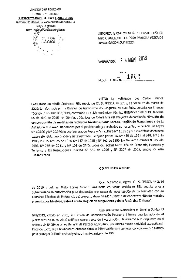 Res. Ex. N° 1962-2019 Estudio de concentración de metales en moluscos Bivalvos.