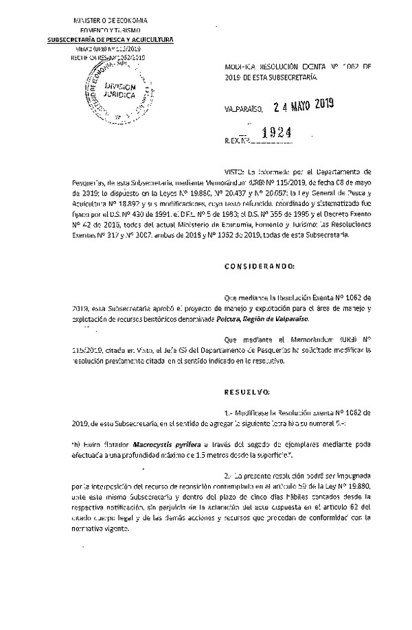 Res. Ex. N° 1924-2019 Modifica Res. Ex. N° 1062-2019 Plan de manejo.