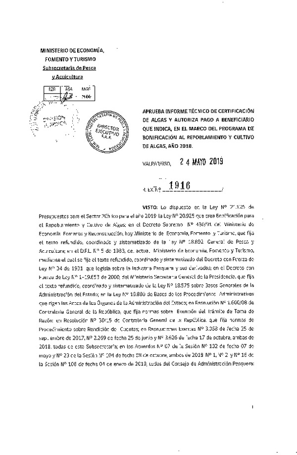 Res. Ex. N° 1916-2019 Aprueba informe técnico de certificación de algas y autoriza pago a benficiario que indica, en el marco del programa de bonificación al repoblamiento y cultivo de algas, año 2018. (Publicado en Página Web 28-05-