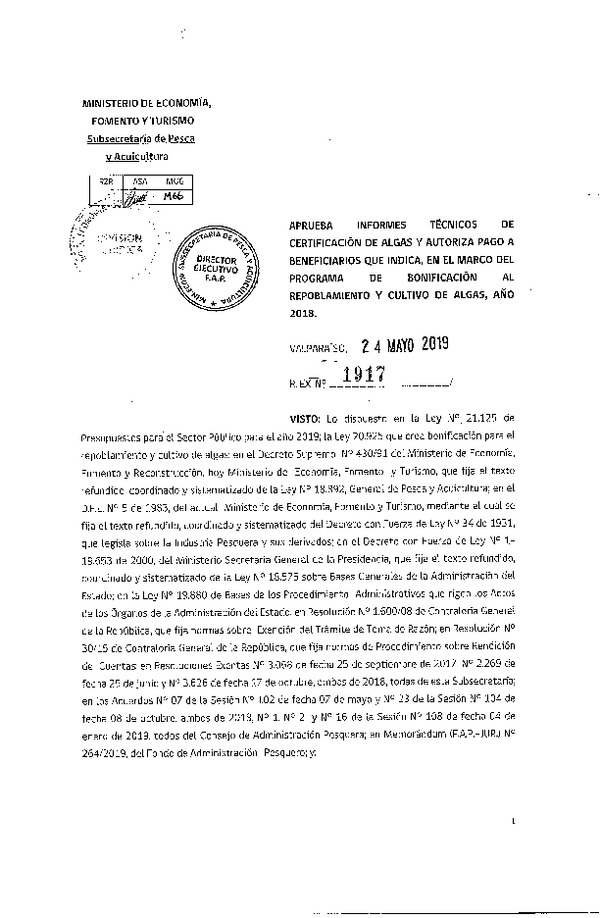 Res. Ex. N° 1917-2019 Aprueba informe técnico de certificación de algas y autoriza pago a benficiario que indica, en el marco del programa de bonificación al repoblamiento y cultivo de algas, año 2018. (Publicado en Página Web 28-05-2019)