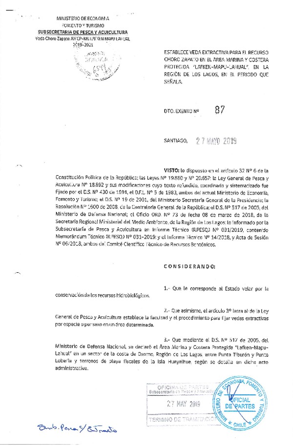 Dec. Ex. N° 87-2019 Establece Veda Extractiva para el Recurso Choro Zapato en el Área Marina y Costera Protegida Lafken-Mapu-Lahual, Región de Los Lagos. (Publicado en Página Web 28-05-2019) (F.D.O. 03-06-2019)