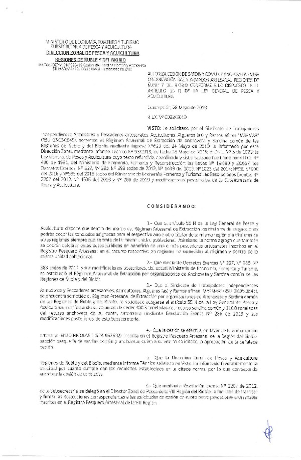 Res. Ex. N° 93-2019 (DZP VIII) Autoriza cesión Anchoveta y sardina común Regiones de Ñuble y del Biobío.