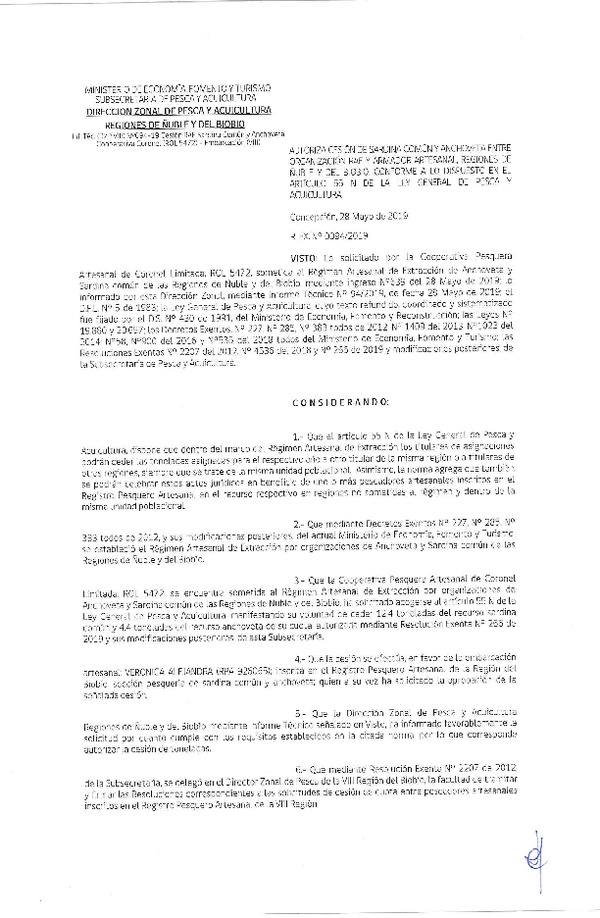 Res. Ex. N° 94-2019 (DZP VIII) Autoriza cesión Anchoveta y sardina común Regiones de Ñuble y del Biobío.
