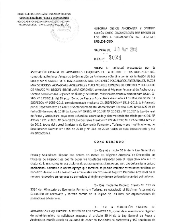 Res. Ex. N° 2024-2019 Autoriza cesión Anchoveta y sardina común Región de Los Ríos a Región del Biobío.