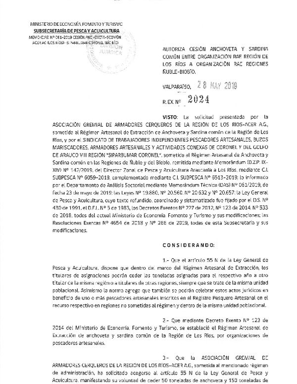 Res. Ex. N° 2024-2019 Autoriza cesión Anchoveta y sardina común Región de Los Ríos a Región del Biobío.