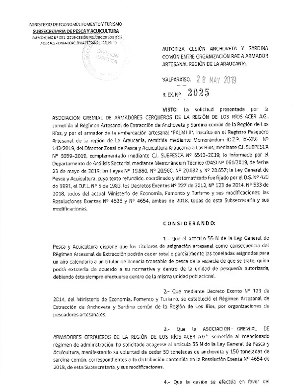 Res. Ex. N° 2025-2019 Autoriza cesión Anchoveta y sardina común Región de La Araucanía.