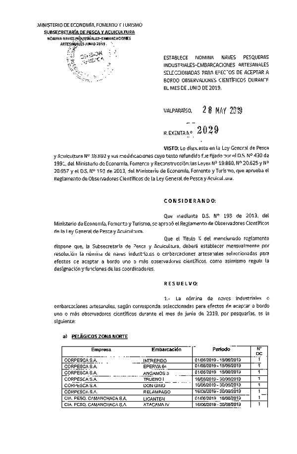 Res. Ex. Nº 2029-2019 Naves mes de junio de 2019.