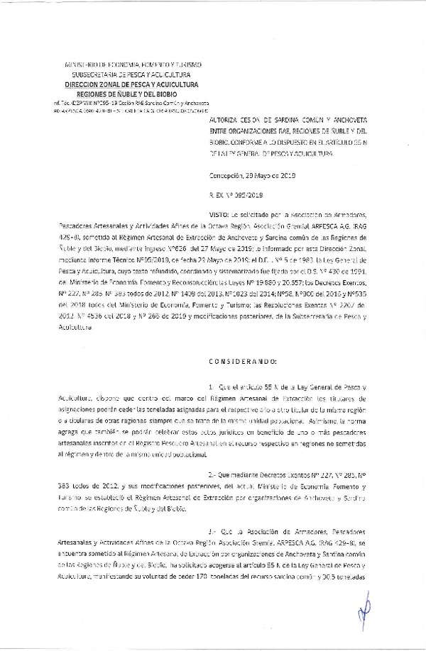 Res. Ex. N° 95-2019 (DZP VIII) Autoriza cesión Anchoveta y sardina común Regiones de Ñuble y del Biobío.