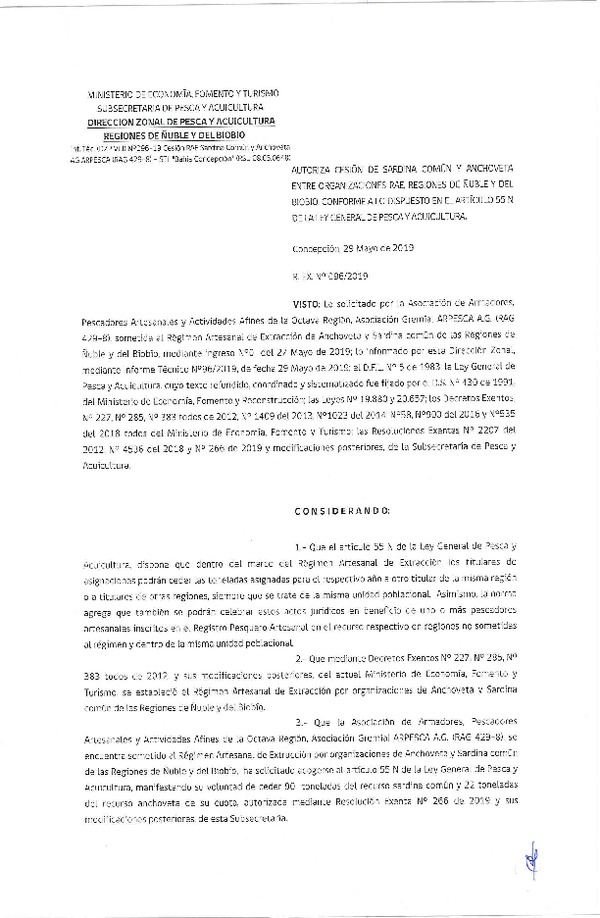 Res. Ex. N° 96-2019 (DZP VIII) Autoriza cesión Anchoveta y sardina común Regiones de Ñuble y del Biobío.