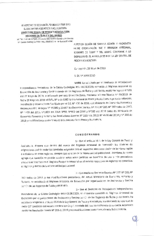 Res. Ex. N° 98-2019 (DZP VIII) Autoriza cesión Anchoveta y sardina común Regiones de Ñuble y del Biobío.