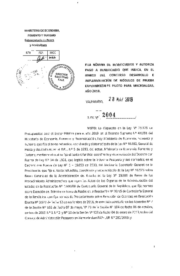 Res. Ex. N° 2004-2019 Fija nómina de beneficiarios y autoriza pago a beneficiario que indica.