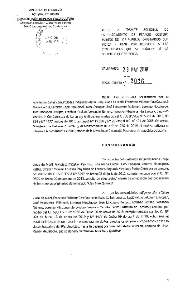 Res. Ex. N° 2016-2019 Acoge a trámite solicitud de establecimiento ECMPO Lleu lleu Quidico. (Publicado en Página web 30-05-2019)